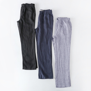 子抽带系扣前门襟色织工艺长裤 亚麻裤 男士 2020年夏季