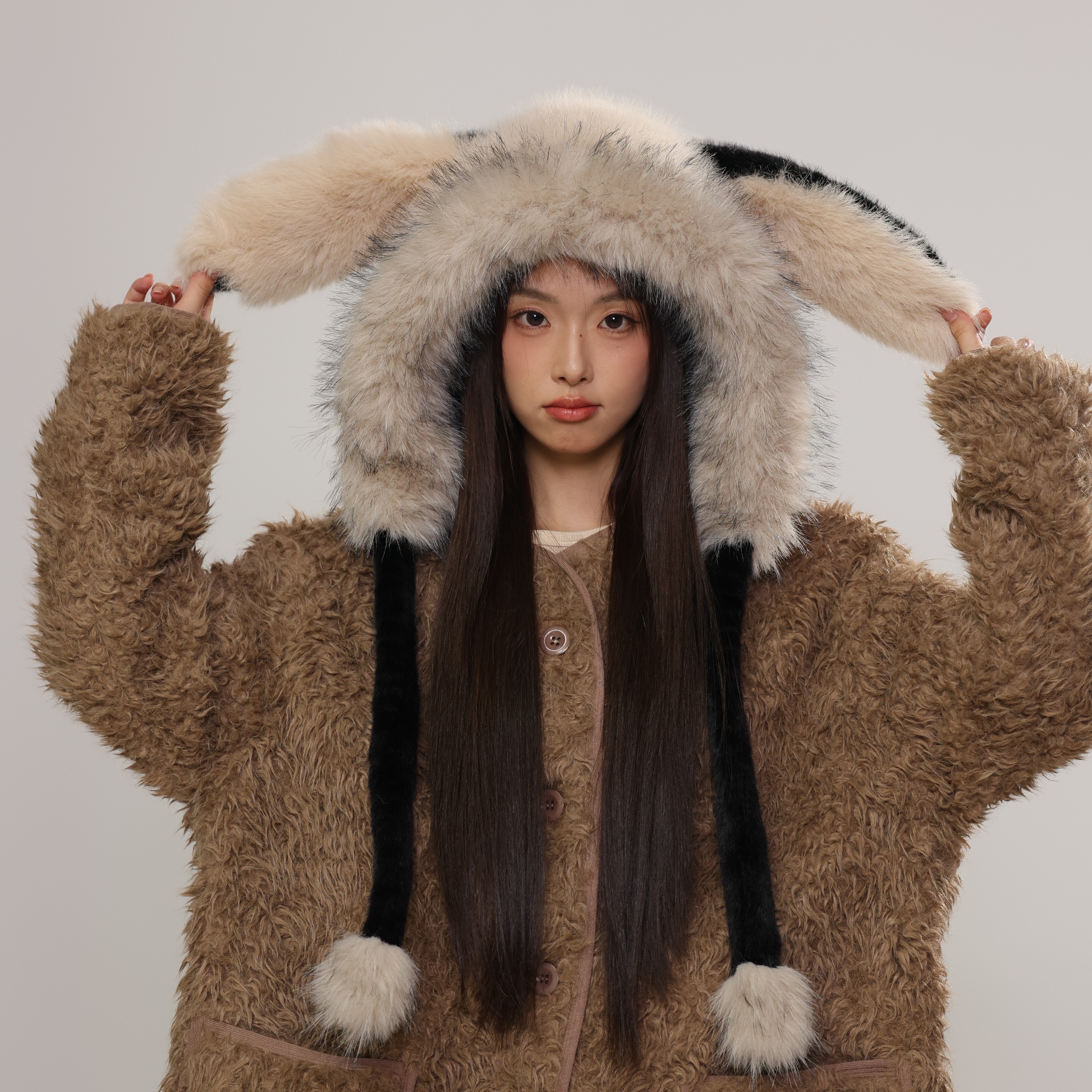 新款毛绒雷锋帽女冬季保暖防寒垂耳兔子帽可爱显脸小加绒护耳帽子