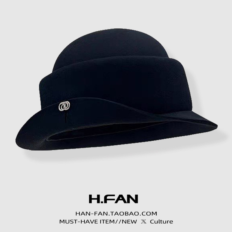 法式气质网红千金赫本风羊毛呢礼帽女冬季百搭翻檐盆帽保暖渔夫帽