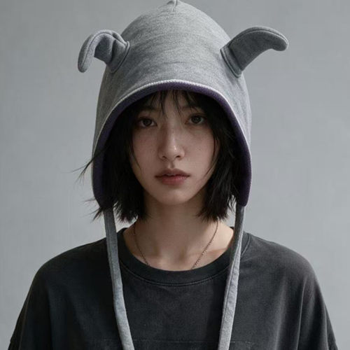 可爱恶魔角灰紫撞色绑带包头帽子女新款小众大头围显脸小护耳帽