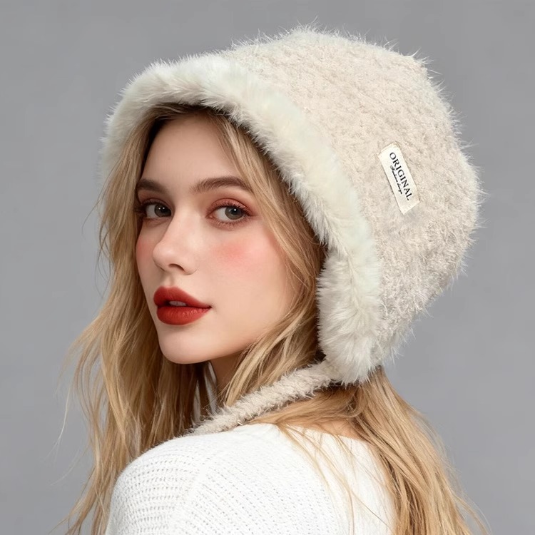 毛呢针织开叉护耳包头帽女韩版2025冬季日系贴标保暖防寒雷锋帽潮