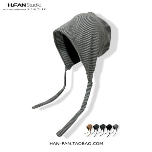 2025大头围日常通勤逛街保暖文艺冷帽 新款 韩版 条纹系带护耳秋季