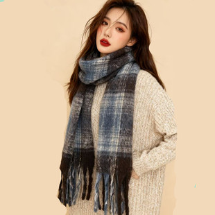 礼物 复古日系百搭保暖围脖披肩情侣款 蓝色格子围巾女2005冬季 新款