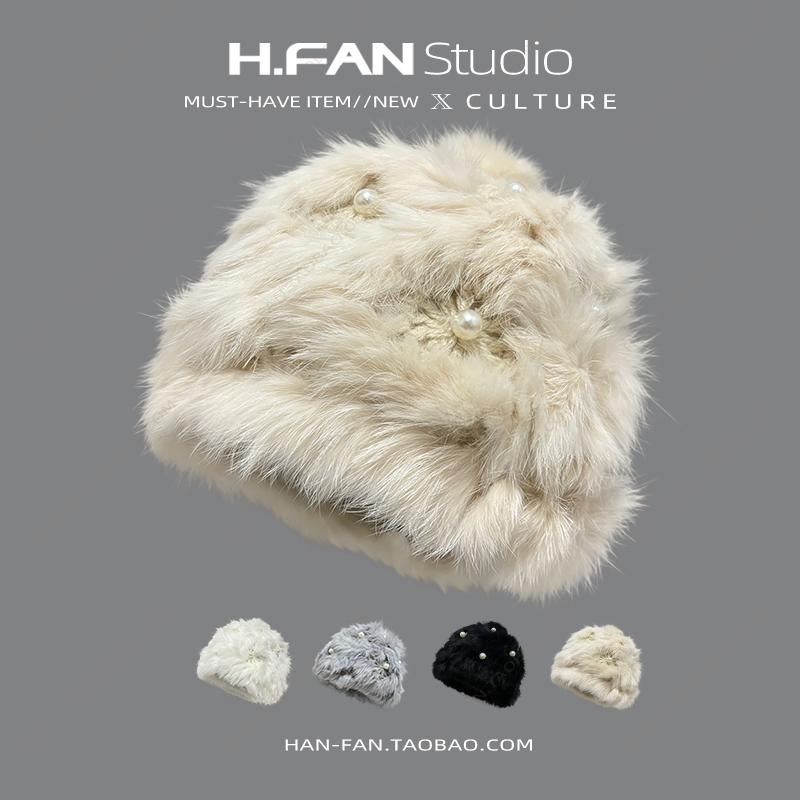 气质百搭珍珠真兔毛包头帽子女韩版潮2024冬季新款保暖毛绒针织帽