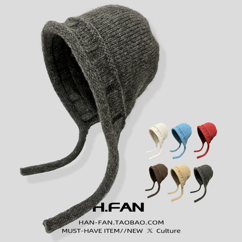复古灰色绑带针织护耳帽子女2025新款冬季显脸小大头围防寒毛线帽