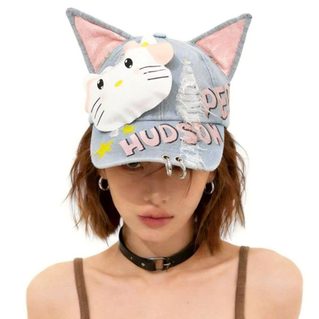 蝴蝶结猫咪涂鸦牛仔破洞棒球帽子女立体耳朵嘻哈铁环鸭舌帽显脸小