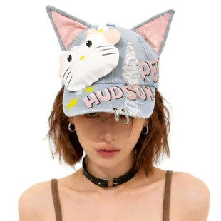蝴蝶结猫咪涂鸦牛仔破洞棒球帽子女立体耳朵嘻哈铁环鸭舌帽显脸小