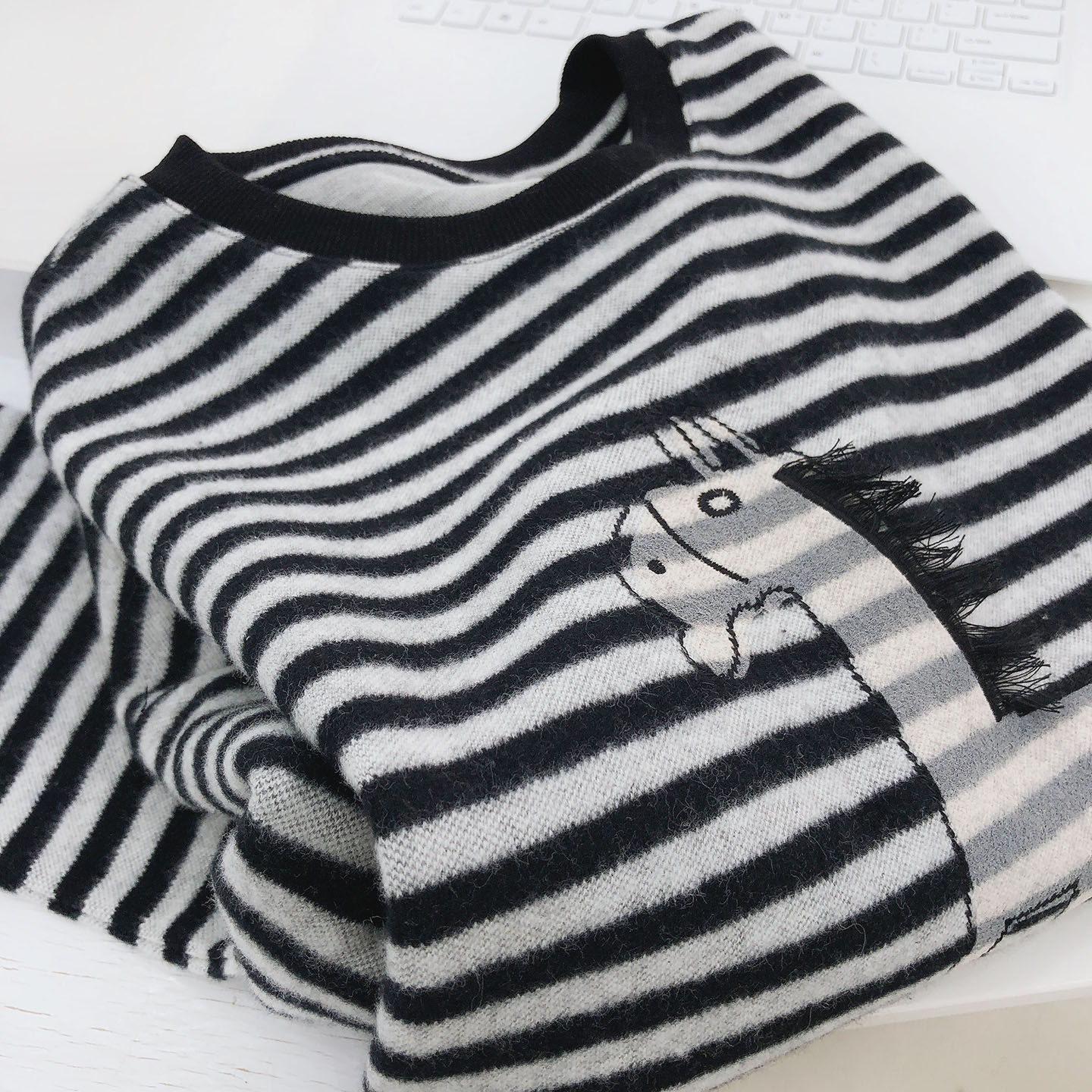 条纹减龄刺绣加厚学生长袖T恤女