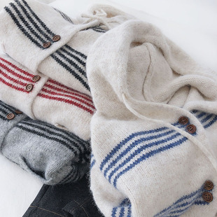 减龄显白米色慵懒风条纹连帽毛衣开衫女秋冬韩系中长款厚实针织衫