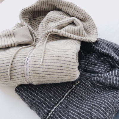 条纹针织卫衣女毛绒加绒加厚开衫