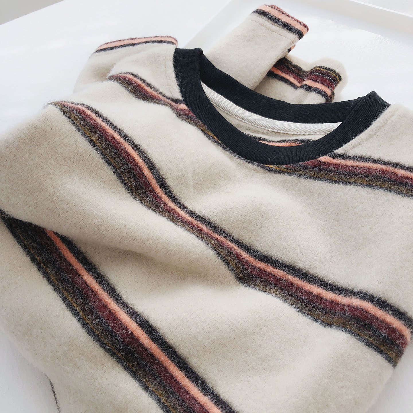 毛绒条纹针织打底衫女长袖T恤冬