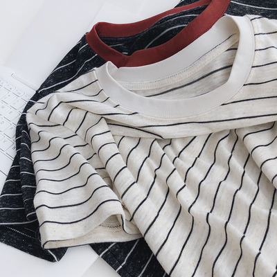 轻薄舒适竹节棉条纹短袖T恤女夏