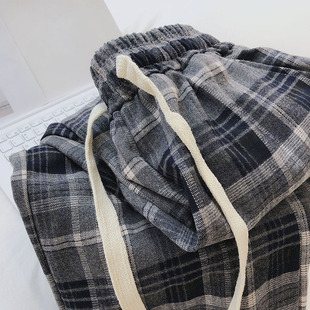 柔软复古格子裤女春季薄款休闲阔腿裤宽松显瘦高腰垂感直筒拖地裤