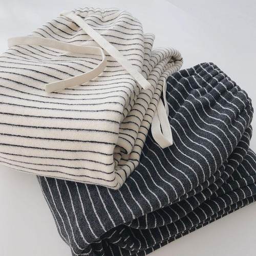 高腰加绒阔腿裤女秋冬条纹拖地裤