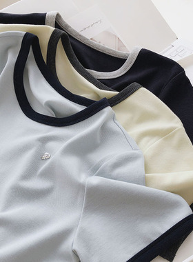 JU减龄！软绵绵针织短袖圆领T恤女夏季百搭宽松显瘦学生撞色上衣