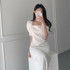 Large size women's dress French temperament Celebrity Square Neck buttocks dress women's summer waist cover belly show thin straight tube skirt