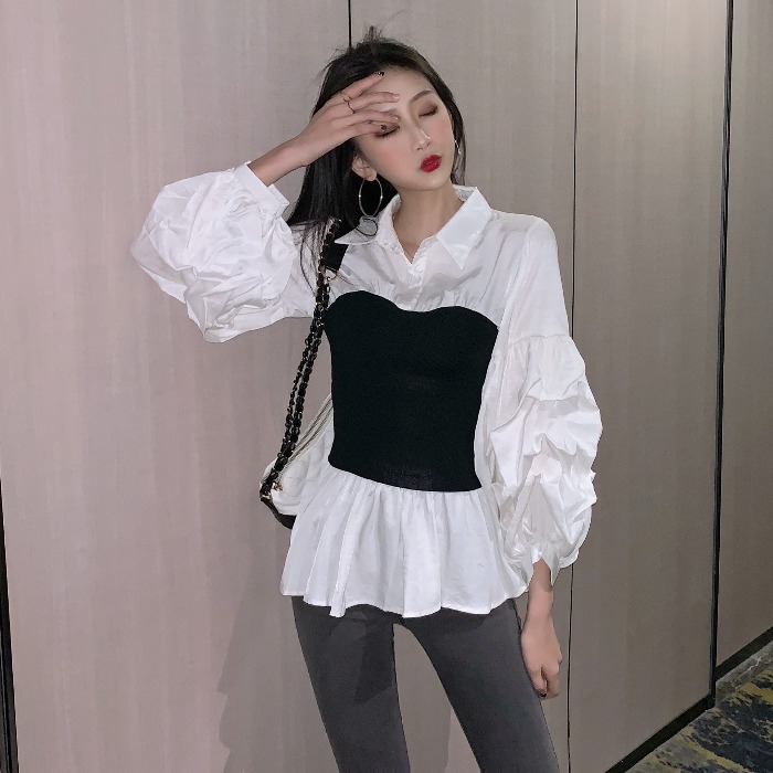 Large size women's fat sister autumn dress Korean knitted stitching bubble sleeve long sleeve high waist waist waist show thin temperament shirt