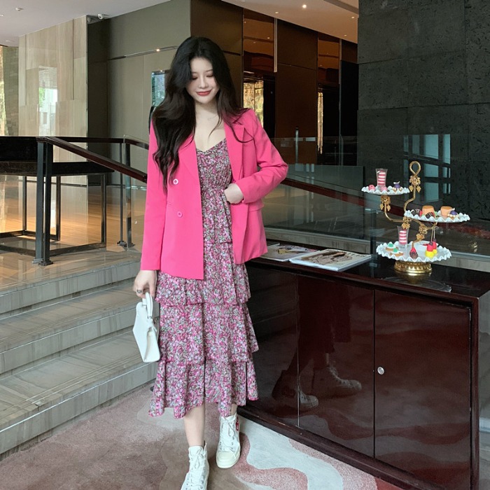 Real shot large women's net red temperament floral suspender dress