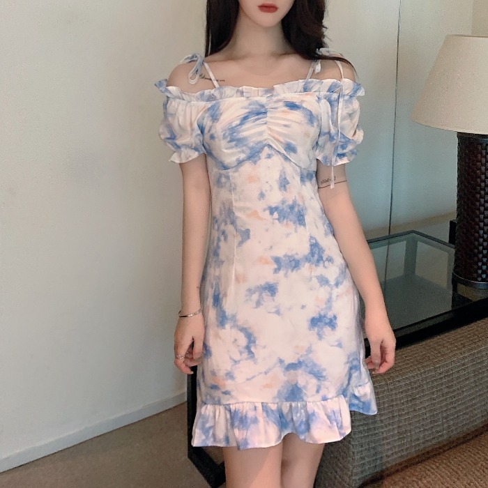 Two tie dyed fashionable holiday dresses with real price and fat bandage