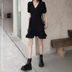 Hanfeng Chic Dress Large Size fat mm women's dress design tea break skirt summer waist show thin black skirt