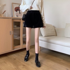 Big size women's high waisted black velvet shorts women's fat mm winter boots pants wear versatile wide leg pants