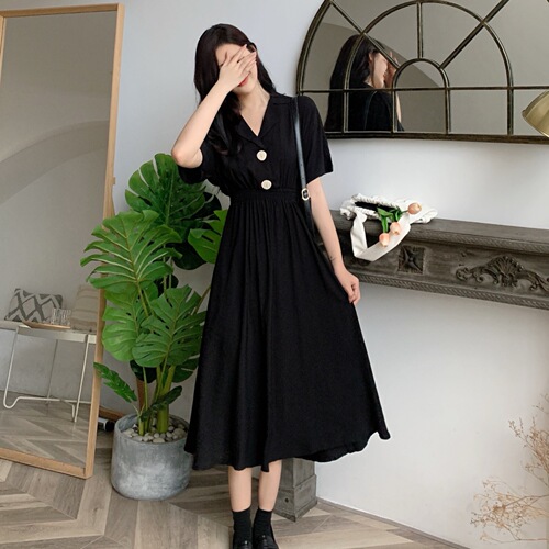 Real shooting large size women's summer Korean version Lapel medium length dress fat waist fairy skirt word skirt