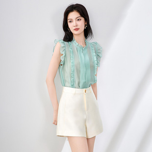 女装 2025夏季 T恤新款 法式 减龄甜美花边别致上衣气质天丝混纺衬衫