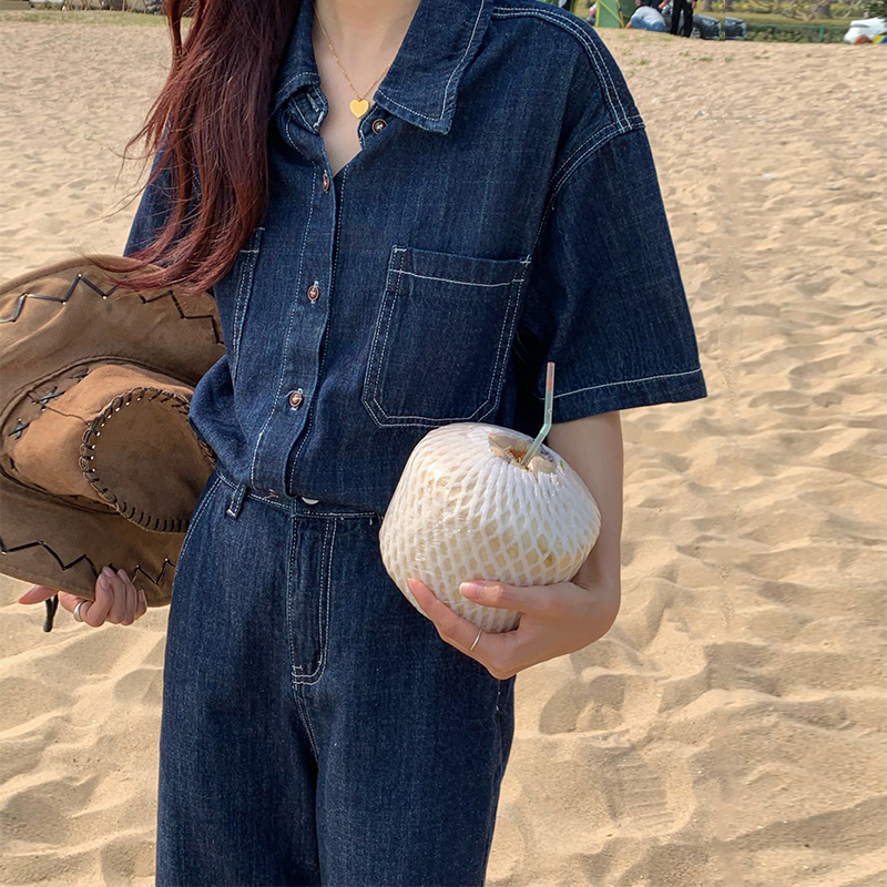 Real price sweet summer BF single breasted wash denim shirt coat + jeans