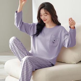 带胸垫睡衣女春秋款纯棉长袖束脚圆领大码杯垫套装2025新款家居服