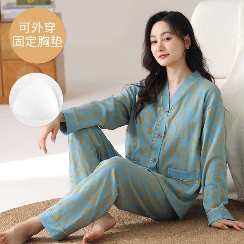 加肥加大码纯棉秋冬长袖睡衣女胖MM200斤带胸垫和服开衫5XL家居服
