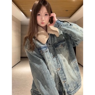 冬季复古羊羔毛牛仔棉衣外套女2026新款加厚保暖通勤百搭毛领棉服