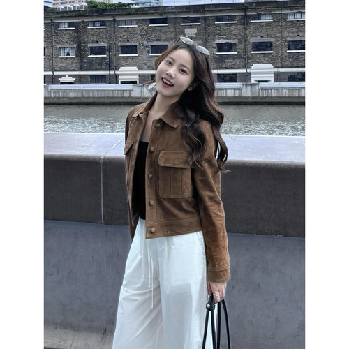 韩系复古麂皮绒翻领工装短外套女