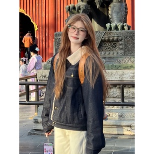 美式复古羊羔毛牛仔外套女2026冬季加厚保暖宽松百搭羊羔绒棉衣服