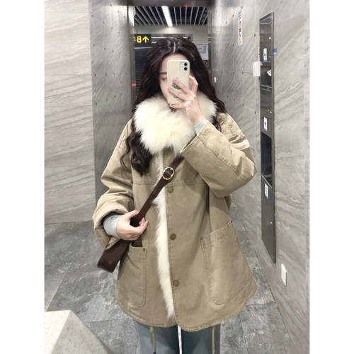 韩系复古加厚毛领工装棉服女