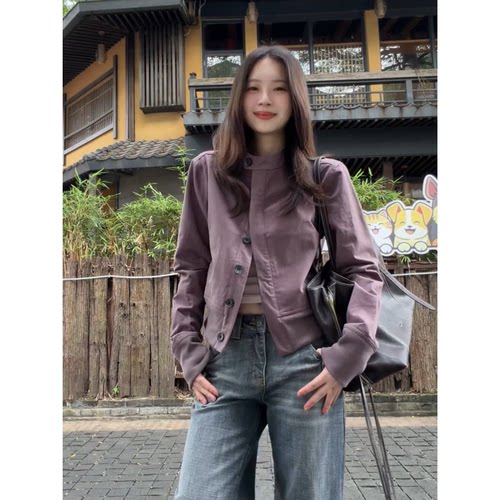 美式复古暗门襟修身短款夹克女