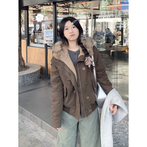 美式复古加厚羊羔毛棉服女冬季