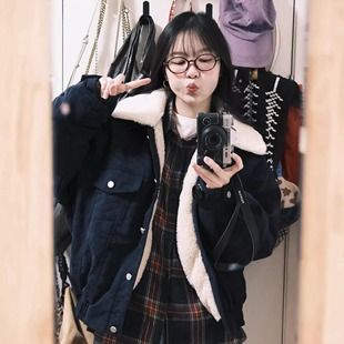 美式复古灯芯绒羊羔毛翻领棉服女2025冬季加厚保暖宽松百搭棉衣潮