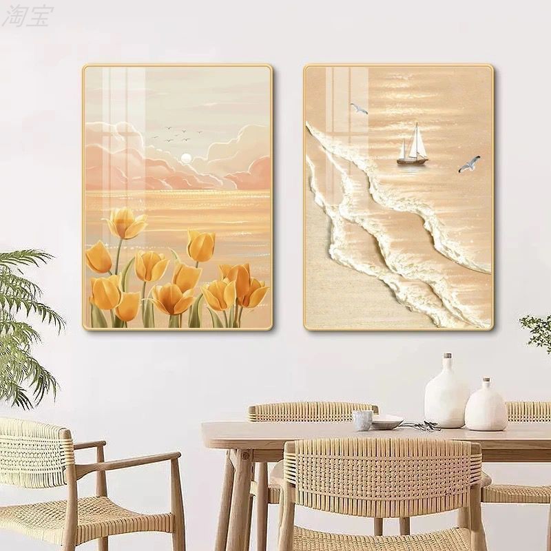 现代简约餐厅装饰画两联饭厅高级感防褪色挂画花卉卧室背景墙壁画