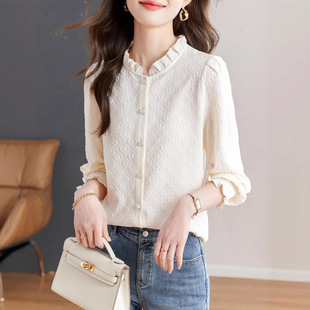 别致木耳花边显瘦衬衣女薄 上衣正肩长袖 2025春日新款 设计绝美法式