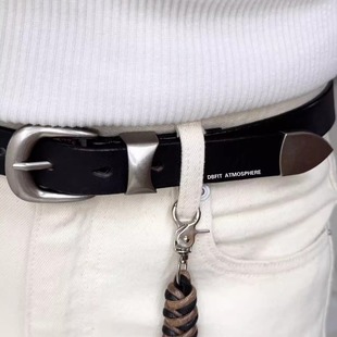 DBFIT黑色复古2.4cm头层牛皮百搭单锁环镀银扣水滴眼腰带男女同款