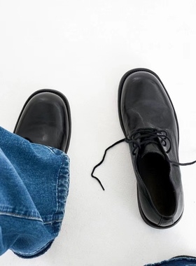 DBFIT黑色水洗马皮做旧皮鞋男士真皮大头德比鞋工装商务休闲鞋