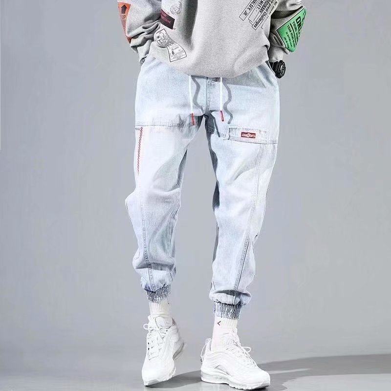 韩版牛仔工装裤男士潮流浅色嘻哈裤子hiphop修身束脚裤小脚哈伦裤