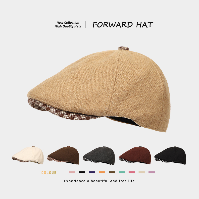 日系复古毛呢前进帽子女英伦文艺贝雷帽百搭显脸小反戴鸭舌八角帽