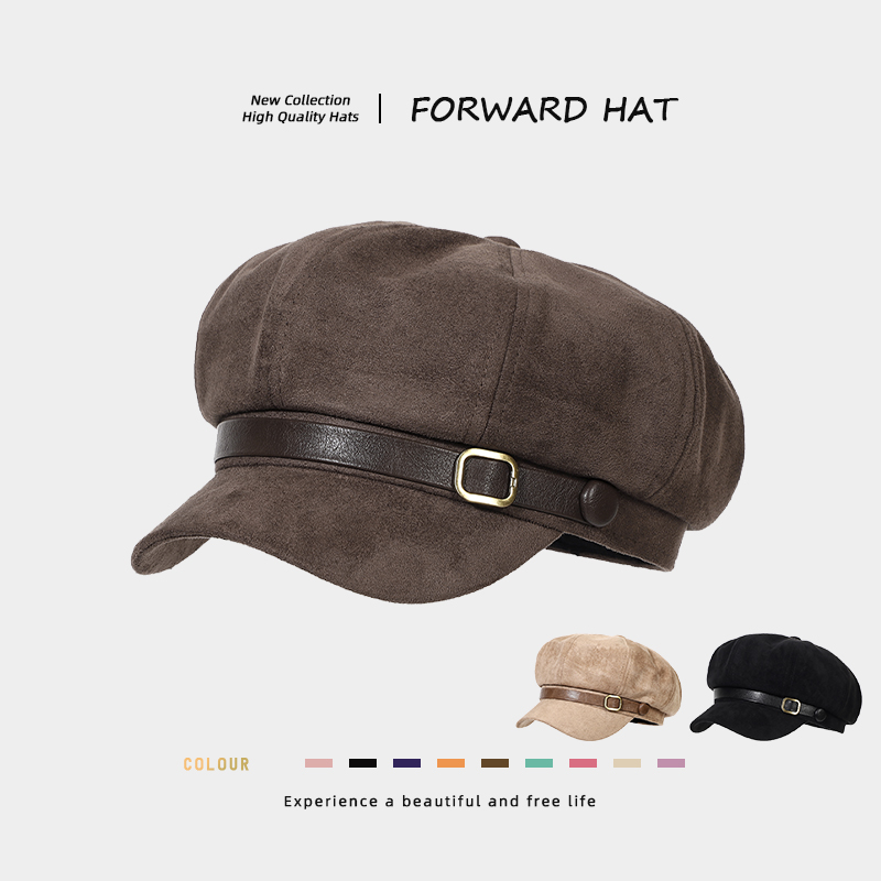 复古麂皮绒八角帽子女英伦文艺宽檐显脸小秋冬鸭舌报童画家贝雷帽