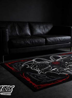 定制暗黑哥特羊头撒旦花体字tattoo纹身摇滚硬核哥特卧室客厅地毯