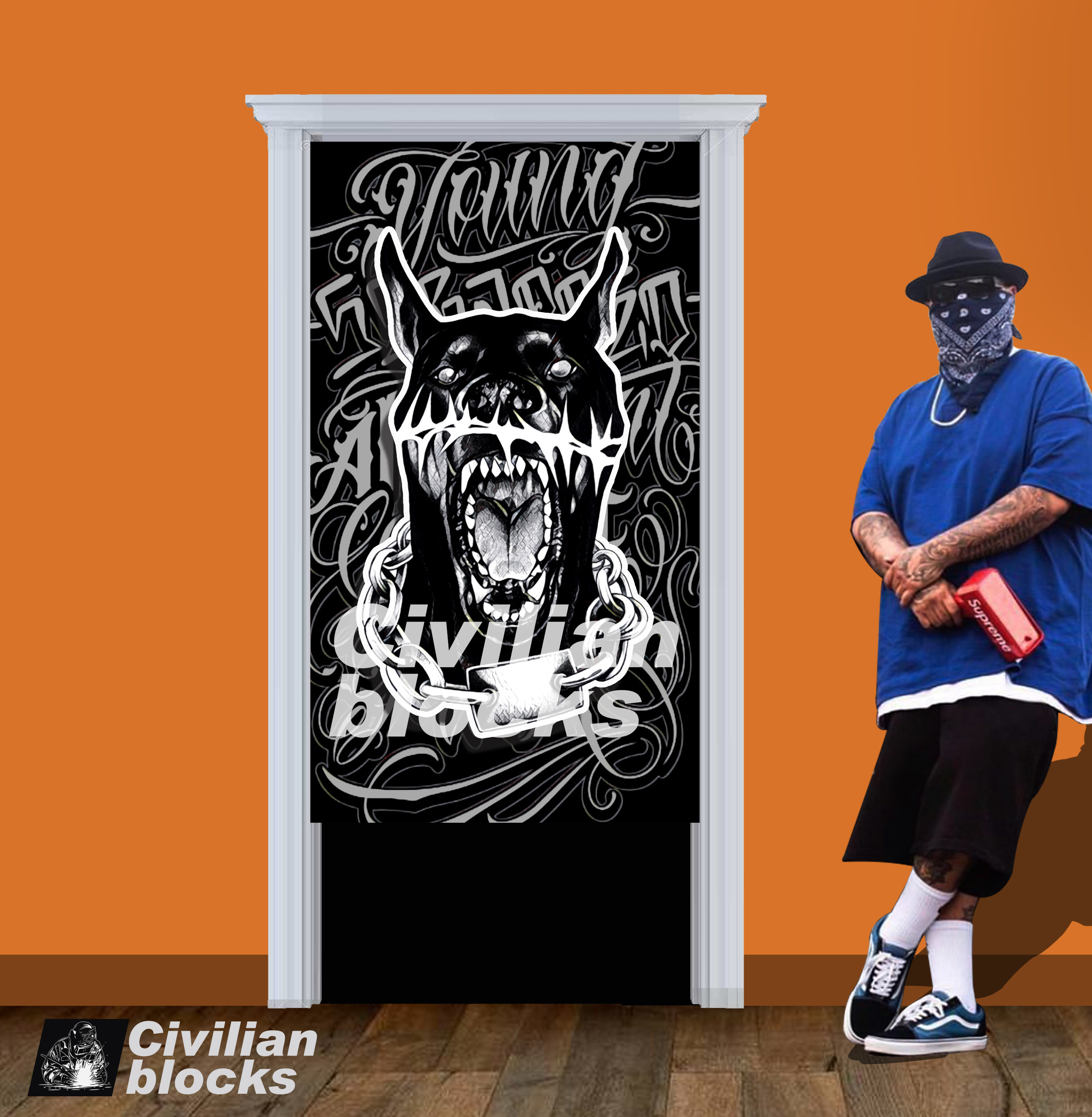 恶犬奇卡诺欧美西海岸花体字old school匪帮硬核嘻哈hiphop门帘