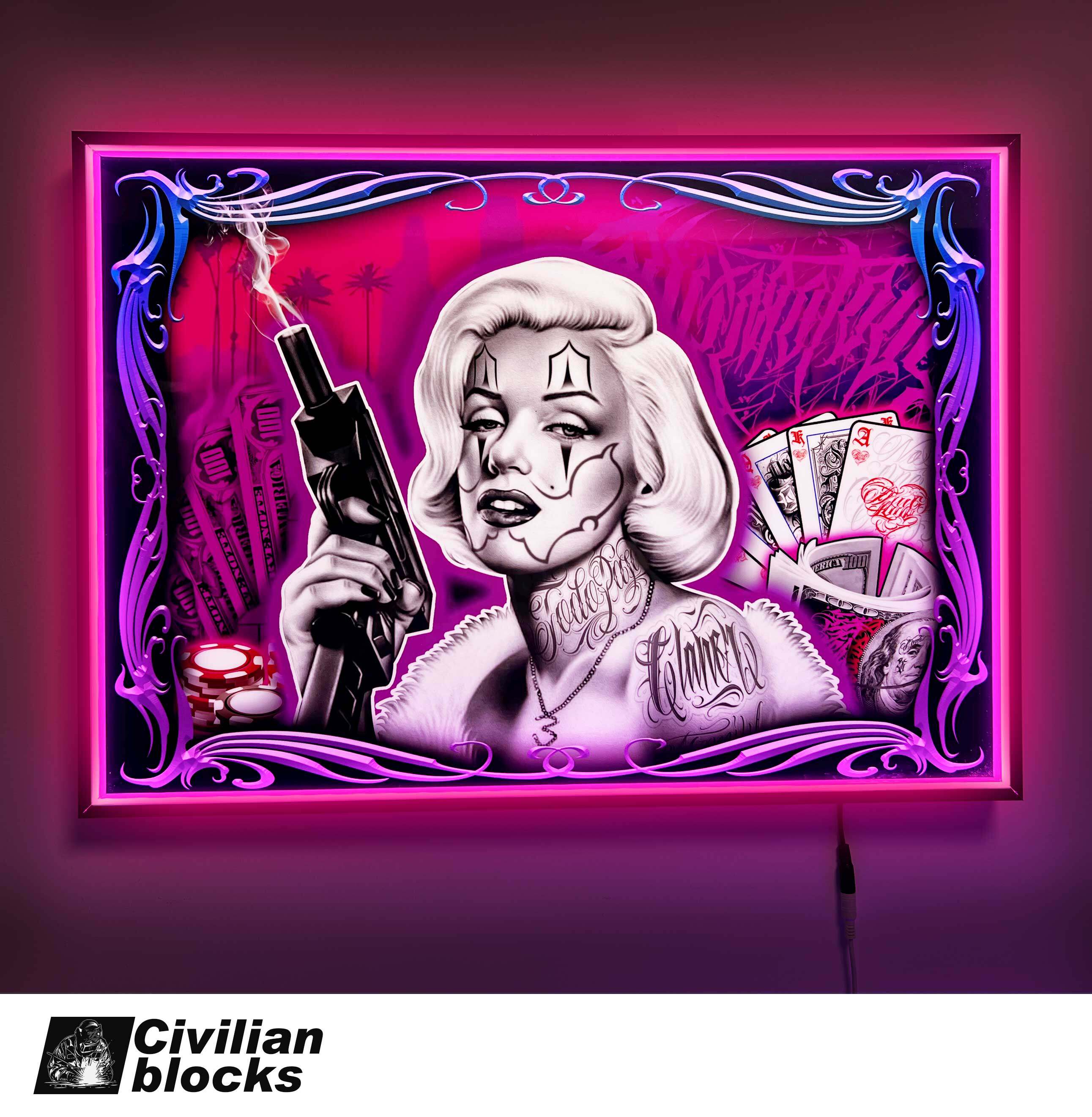 西海岸纹身tattoo花体字梦露奇卡诺说唱hiphop店铺发光装饰画