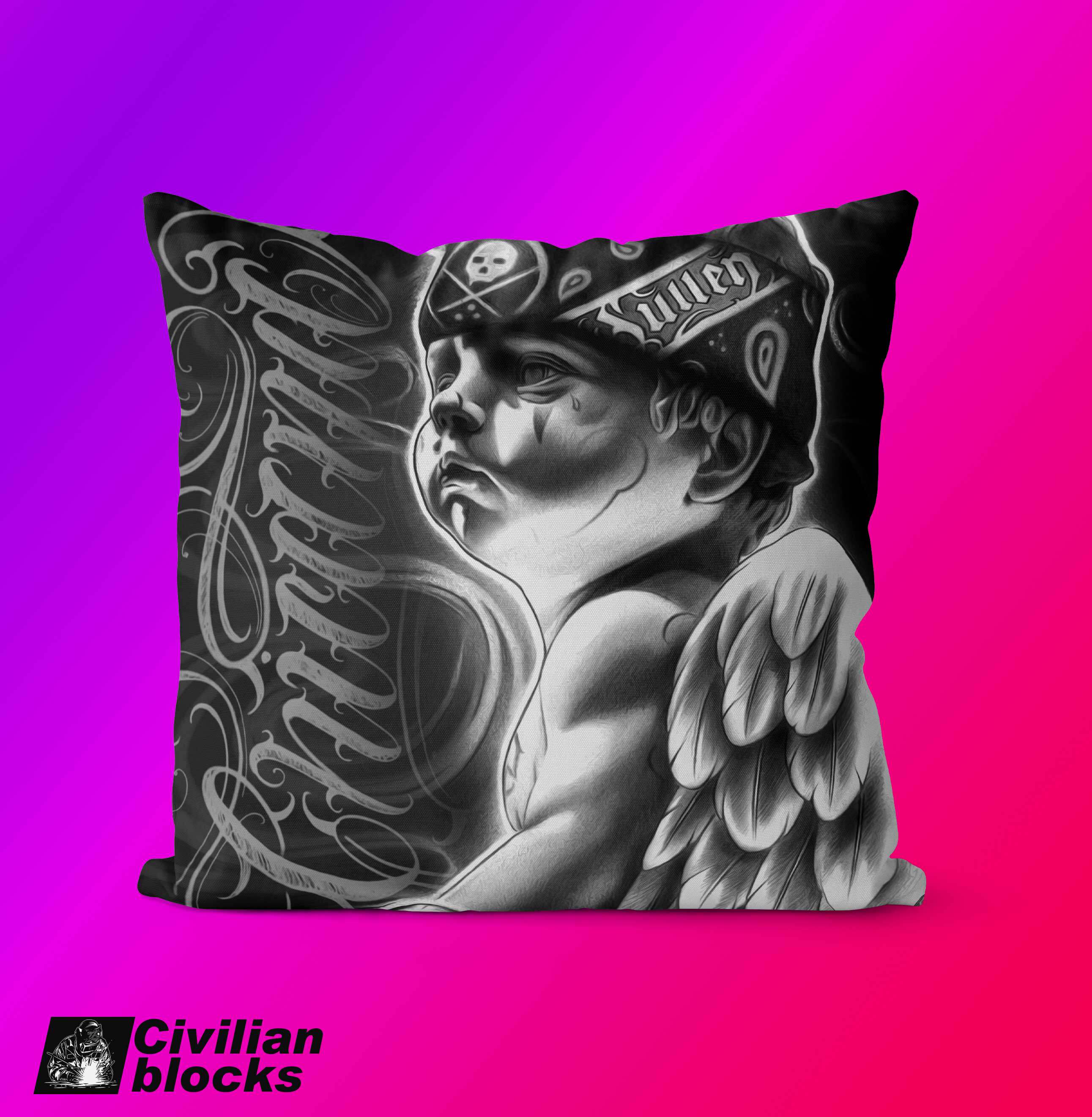 欧美ins奇卡诺天使西海岸匪帮花体字直播纹身tattoo说唱抱枕