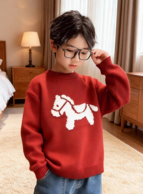 儿童男童红色加绒毛衣针织衫马年本命新年衣服2026冬新款喜庆上衣