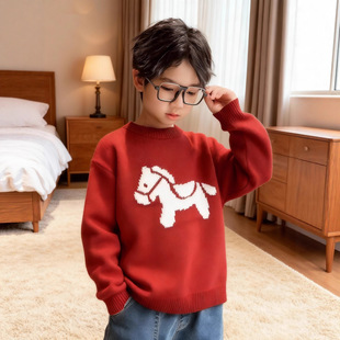 儿童男童红色加绒毛衣针织衫马年本命新年衣服2026冬新款喜庆上衣